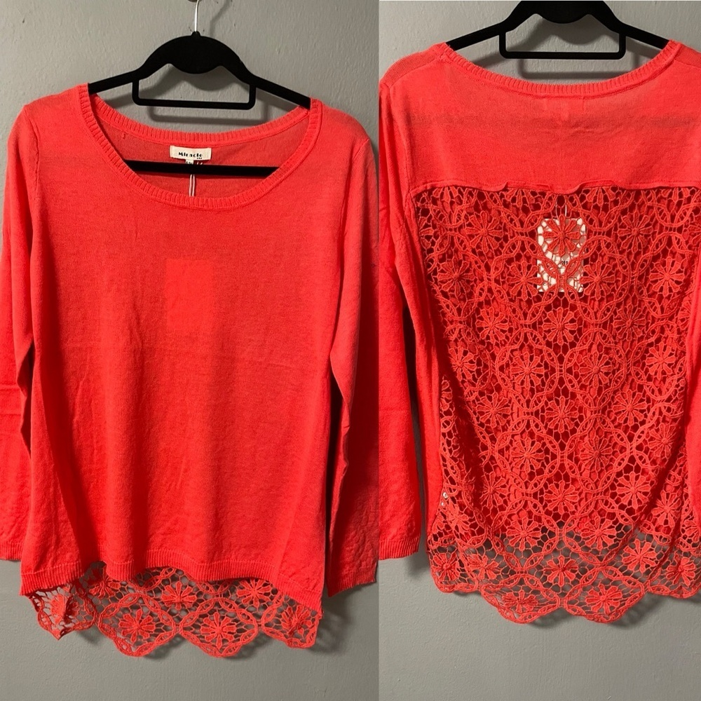 NWT Miracle Pink Crochet Back Long Sleeves Thin Knit Sweater. Size S/M